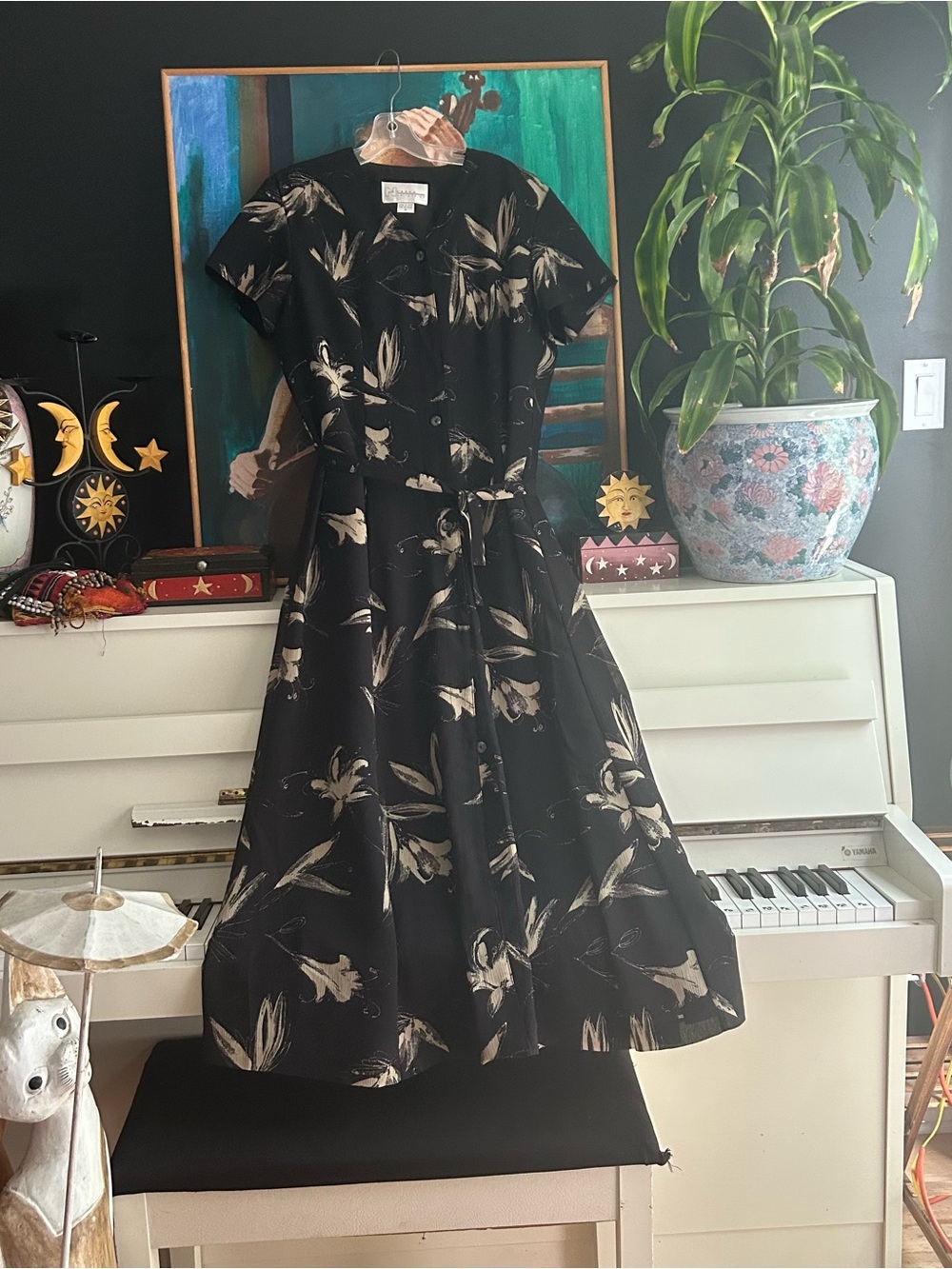 Nygård Collection Black Beige Floral Button Front Midi Dress Size 12